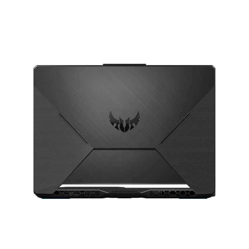 Siyah arka plan üzerinde dokulu bir yüzeyde ASUS TUF logosu bulunan siyah bir dizüstü bilgisayarın üstten görünümü.