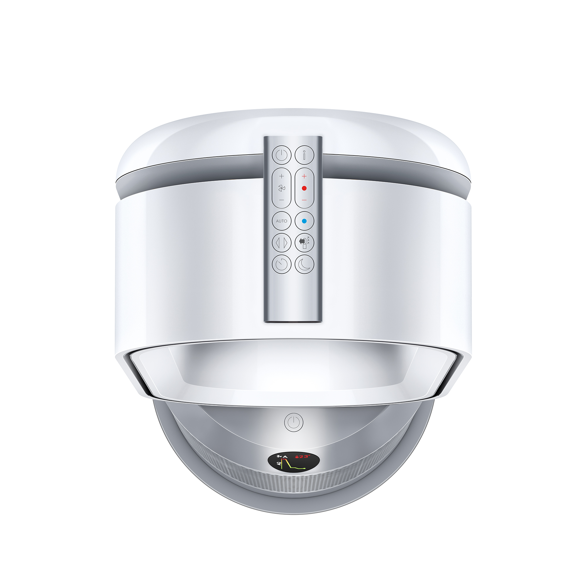 White air purifier with touch controls, top view. Silver accents and a mesh base.