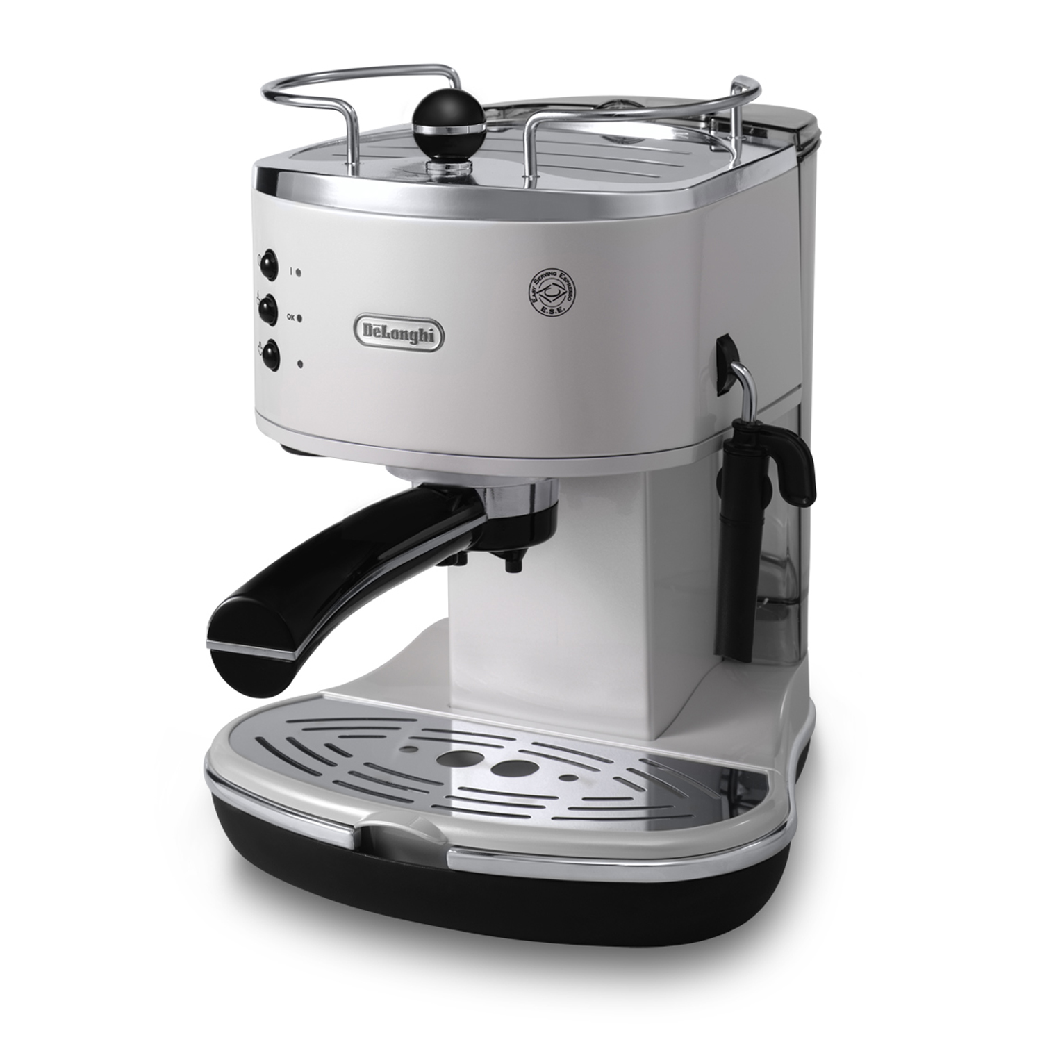 Macchina per espresso DeLonghi bianca. Ha una maniglia nera, pulsanti e una parte superiore argentata con pomello nero.