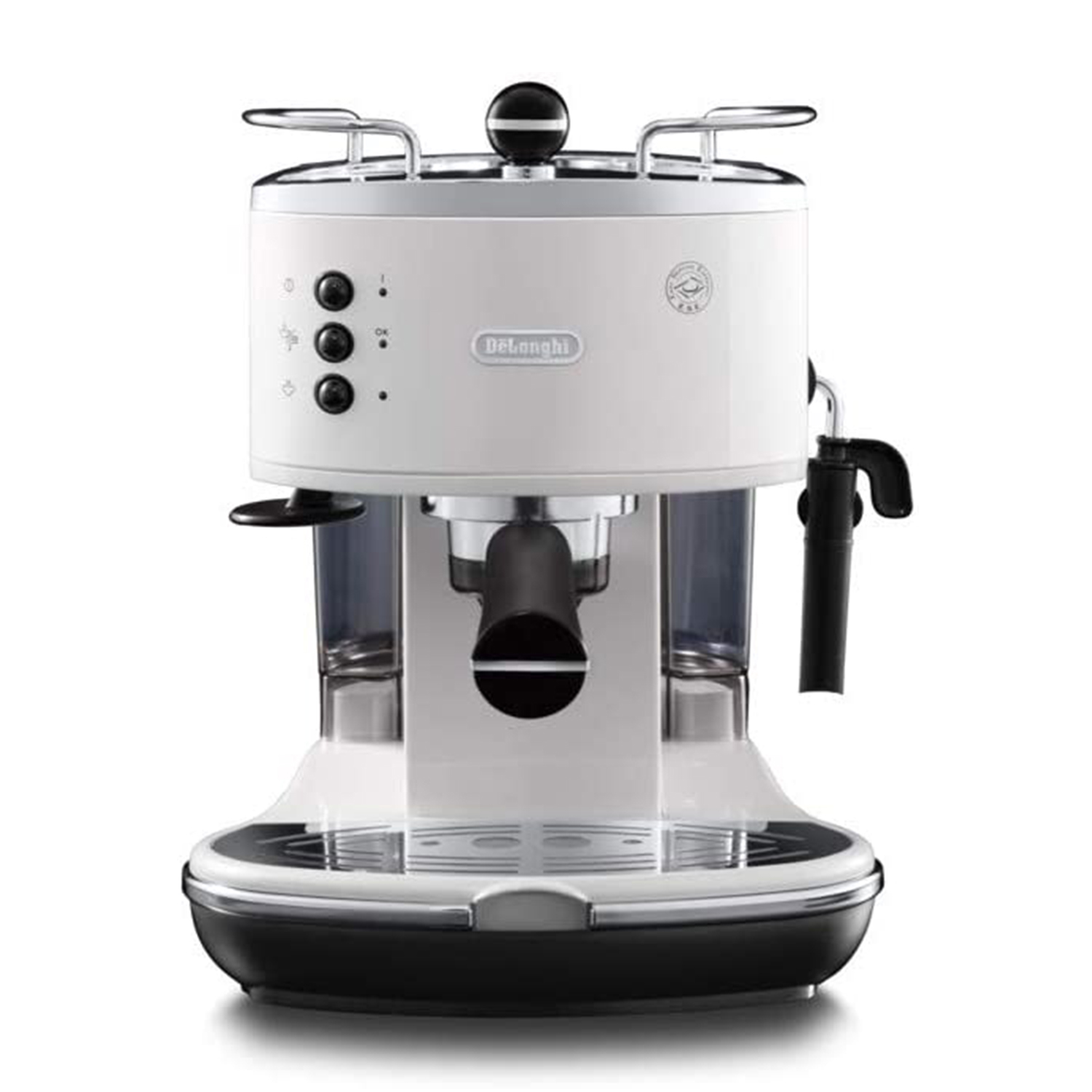 Una macchina per caffè espresso DeLonghi bianca su sfondo bianco.