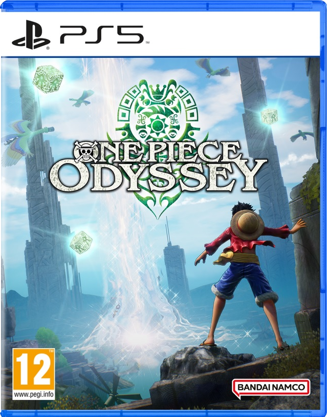 PS5 game cover. Luffy met hoed staat, water valt. Titel: One Piece Odyssey. Achtergrond met torens en vliegende wezens.
