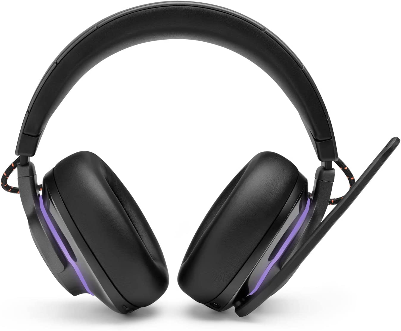 Auriculares negros con detalles morados. Los auriculares están sobre un fondo blanco.