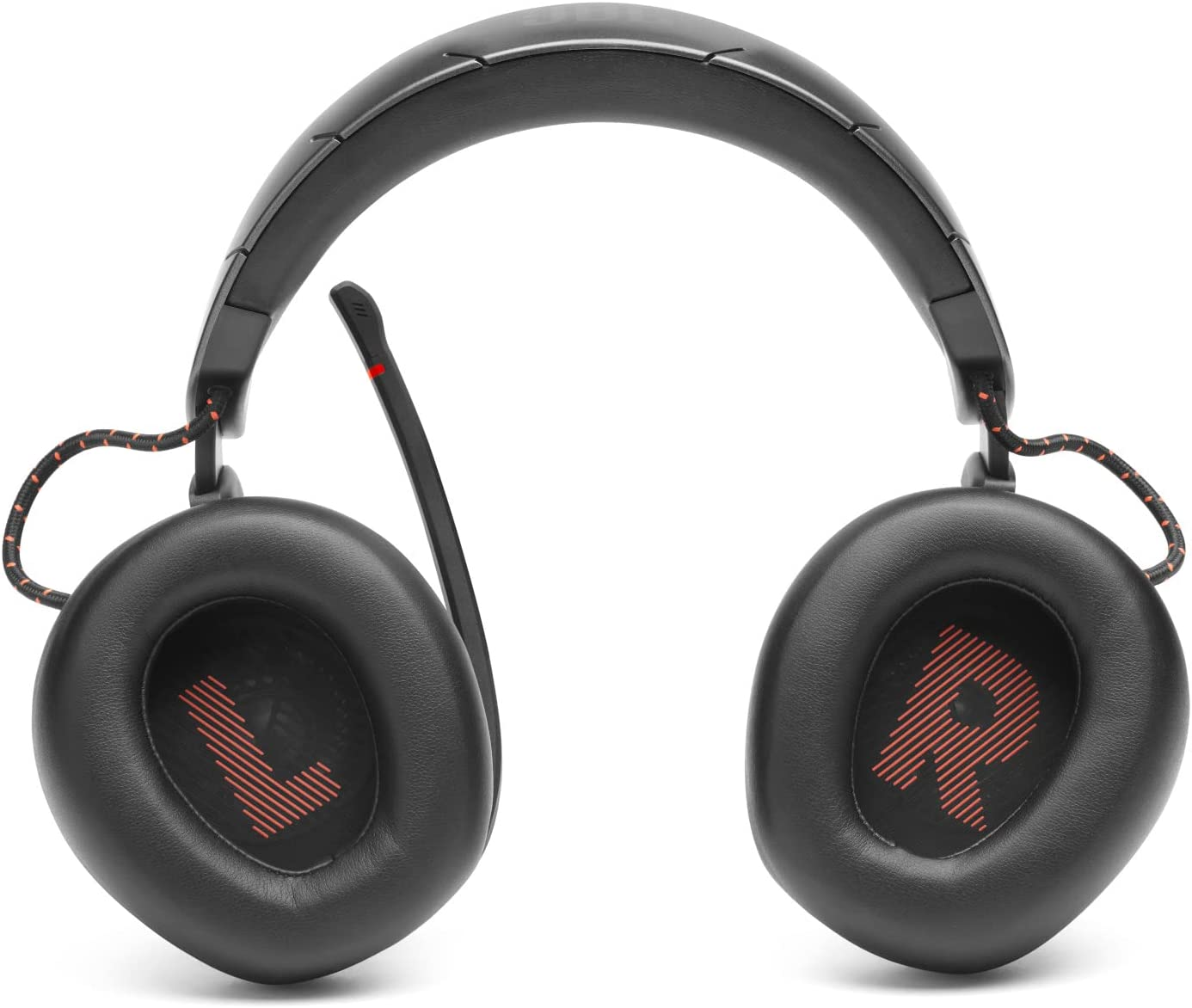Auriculares negros con micrófono. Los auriculares tienen una 'L' y una 'R' marcadas en naranja.