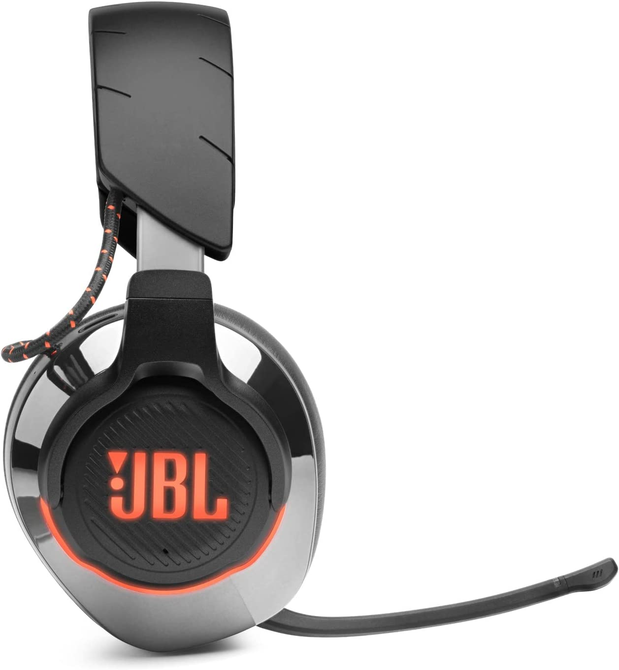 Un auricular negro y plateado, con el logo de JBL en rojo.