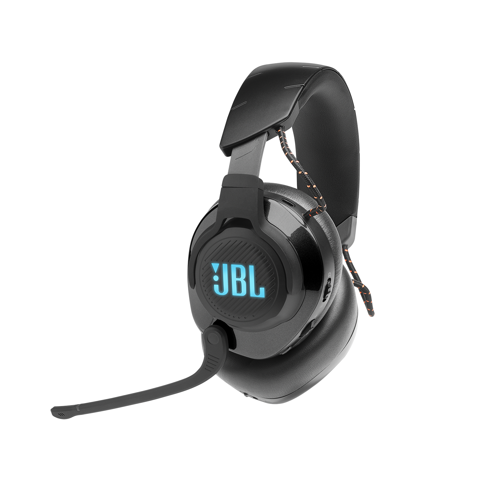 Auriculares de juego JBL negros con micrófono, logo JBL iluminado en azul.