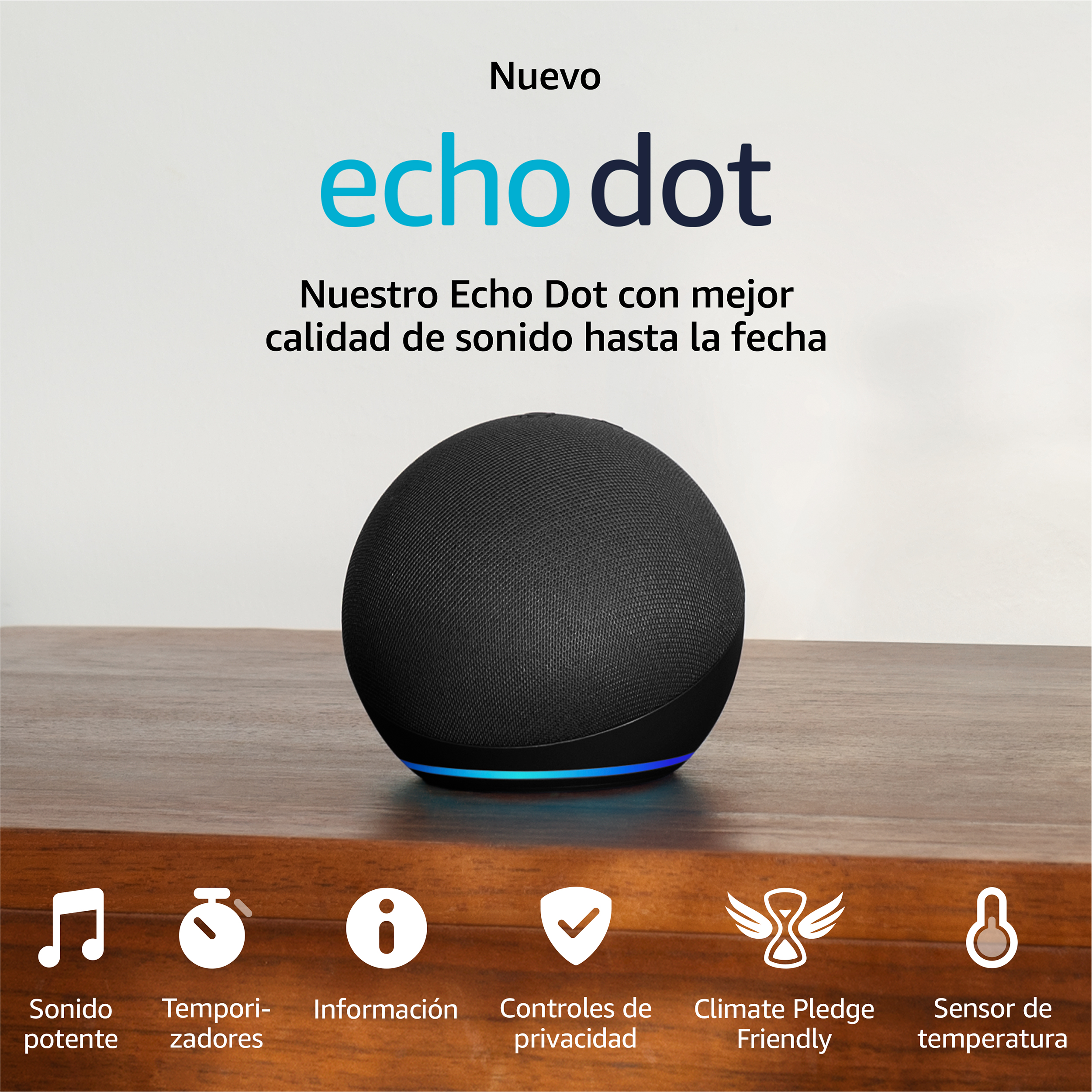 Altavoz inteligente negro con luz azul. Texto dice 'Nuevo Echo Dot' con iconos de funciones.