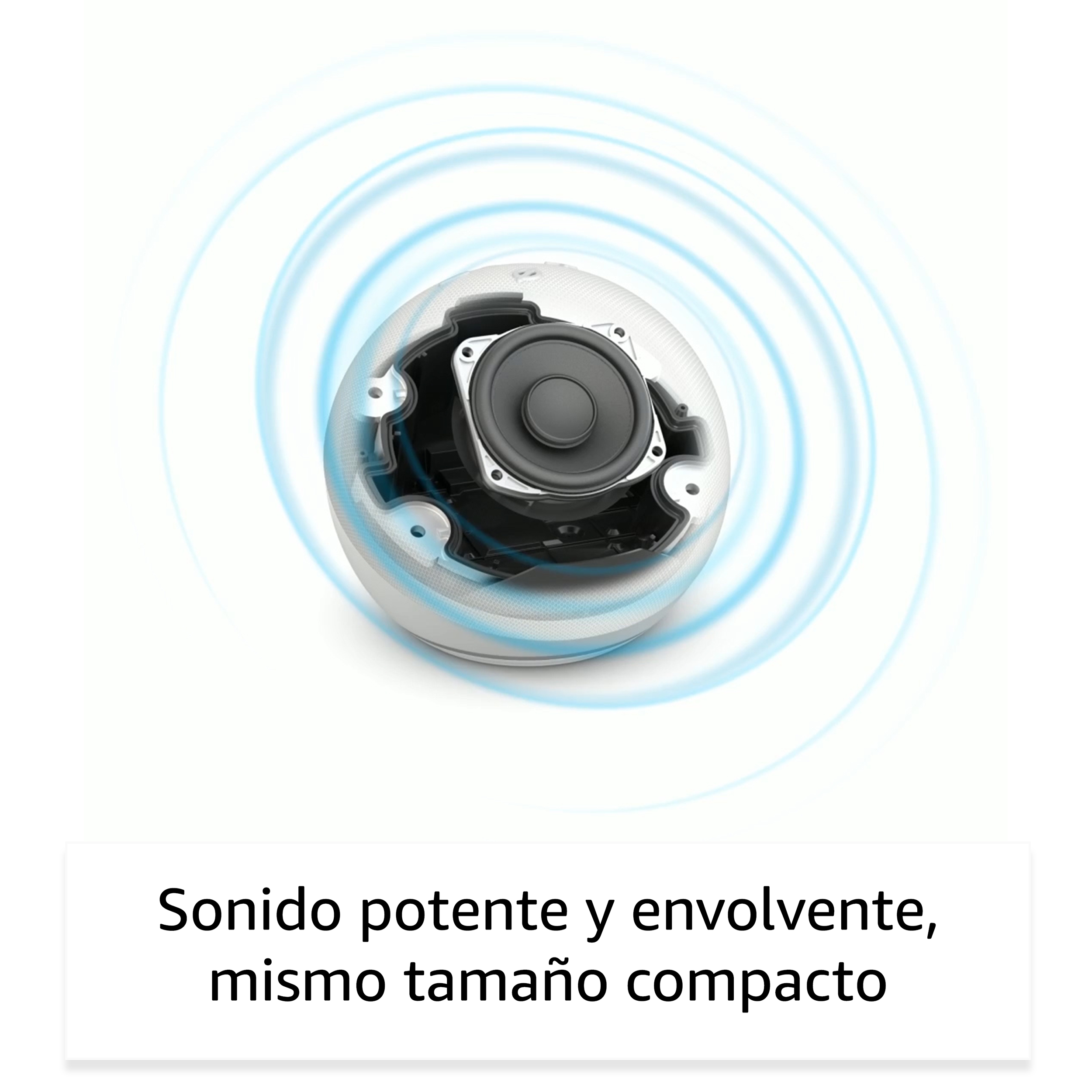 Altavoz blanco y plateado, cortado por la mitad, mostrando componentes internos y ondas azules.