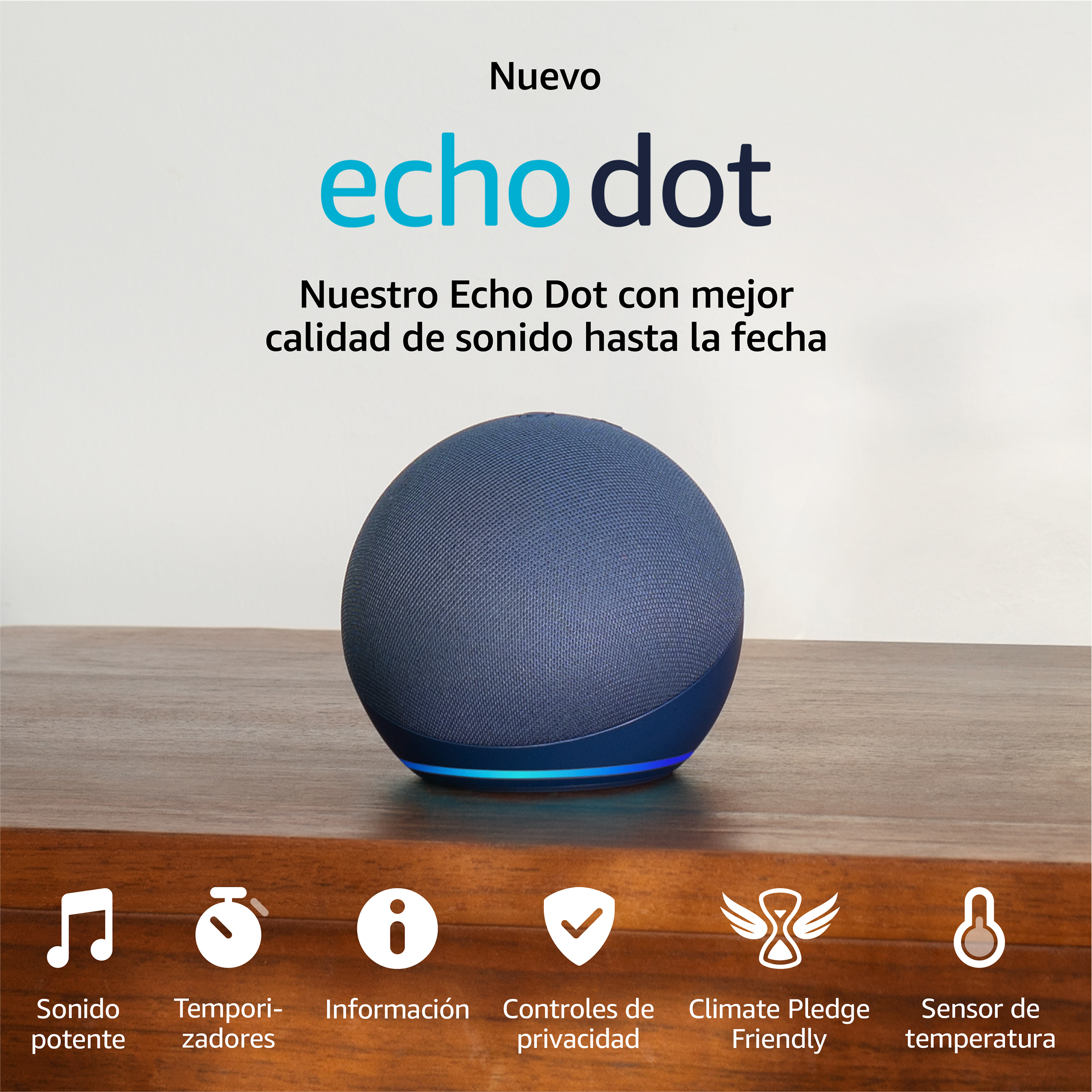 Un altavoz Echo Dot azul sobre madera, con iconos debajo. Texto: 'Echo Dot'.