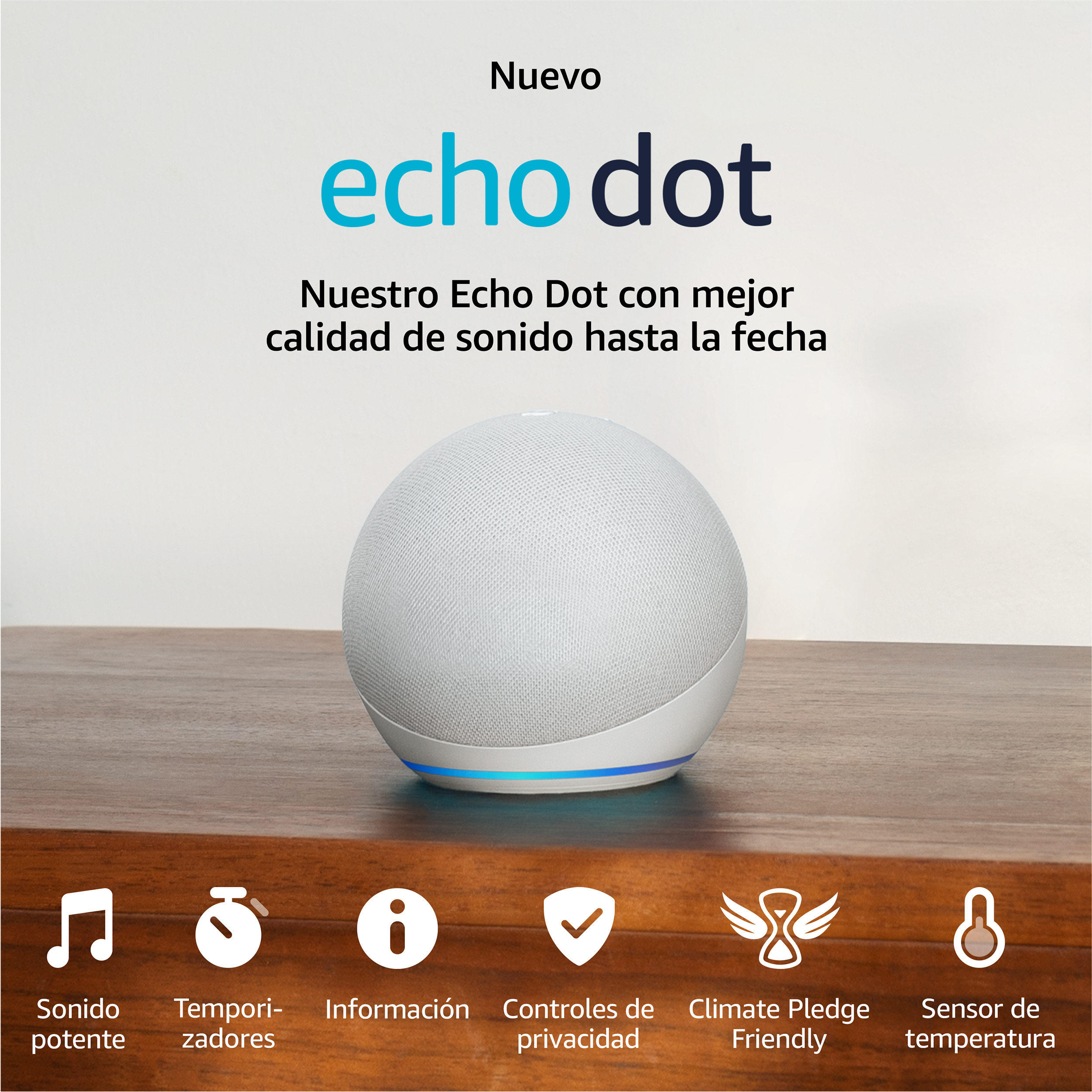 Un altavoz Echo Dot blanco sobre madera, con iconos debajo. Texto: 'Echo Dot'.
