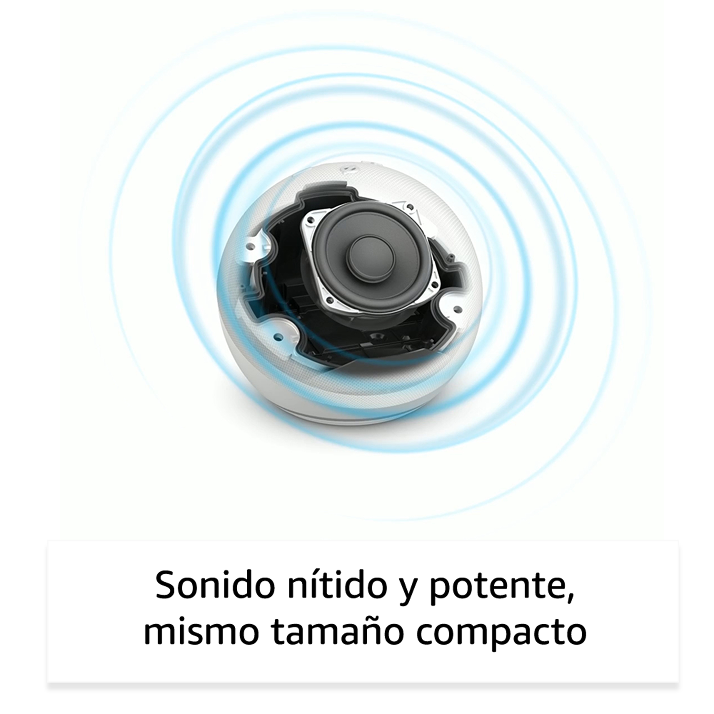 Un altavoz con el interior visible. Líneas azules lo rodean, con texto debajo.