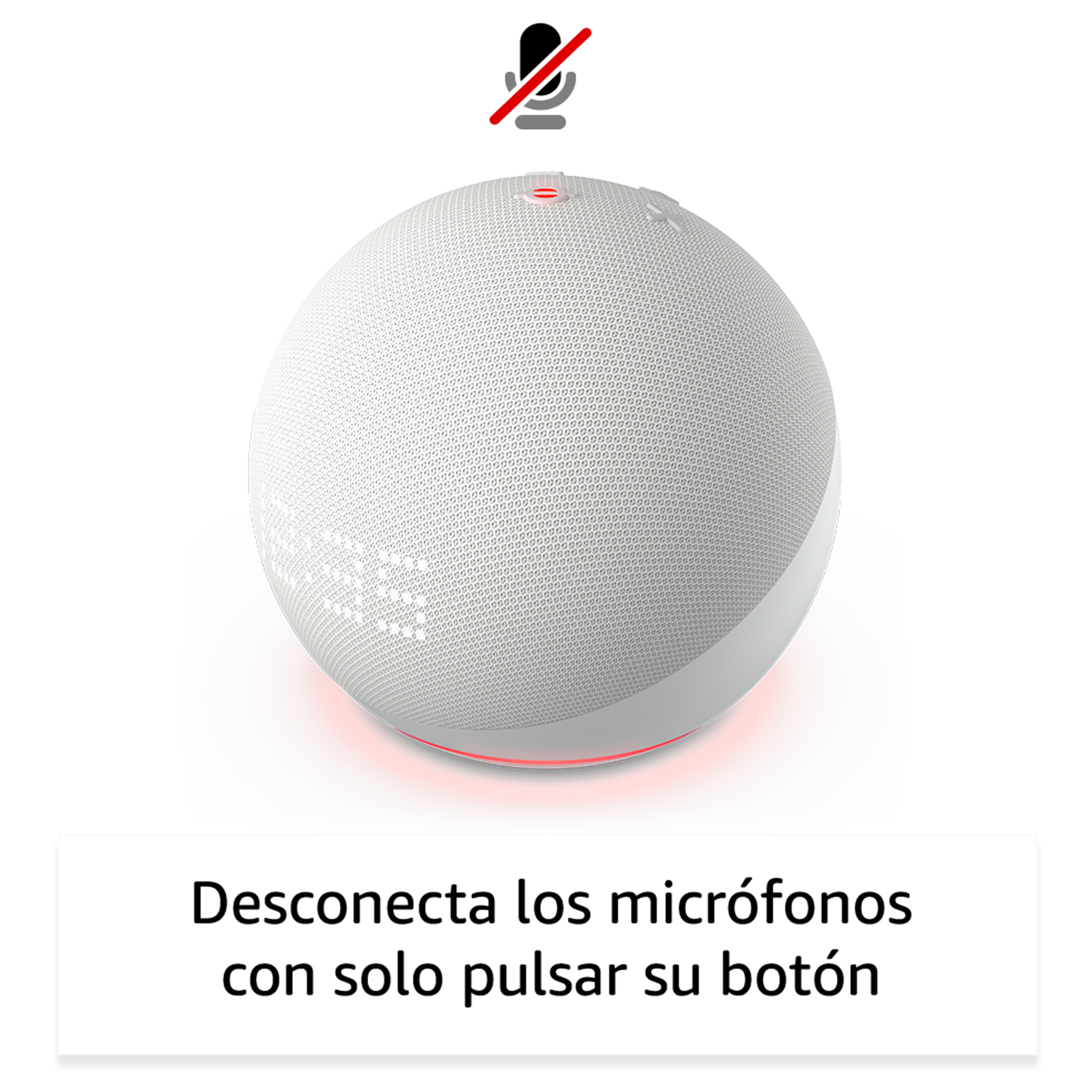 Altavoz inteligente blanco con icono de micrófono tachado. Texto debajo dice desconectar.