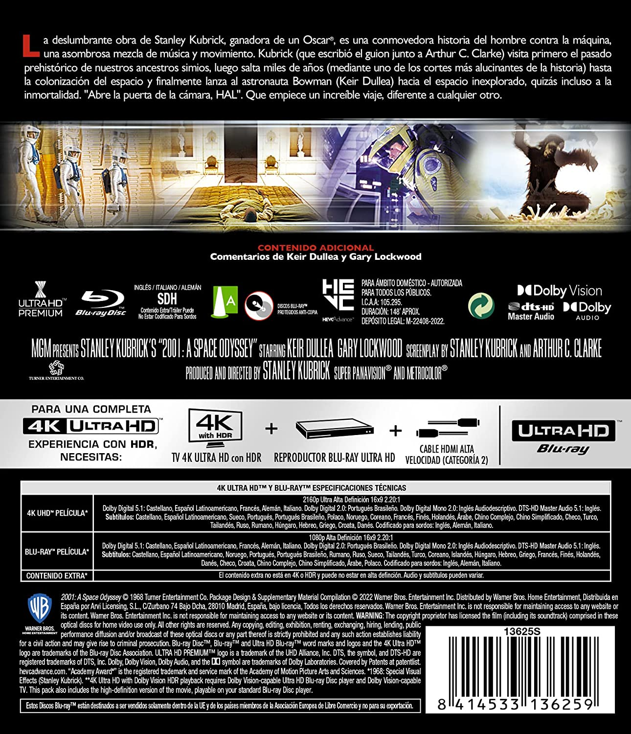 Portada de la película '2001: Una odisea del espacio' con texto en varios idiomas y nombres de actores.