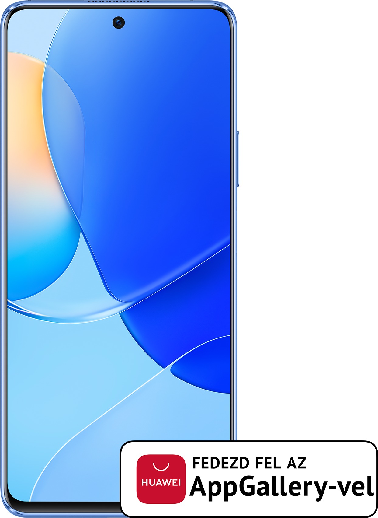 Kék Huawei telefon. AppGallery hirdetés. Két tónusú kék. Fehér háttér.