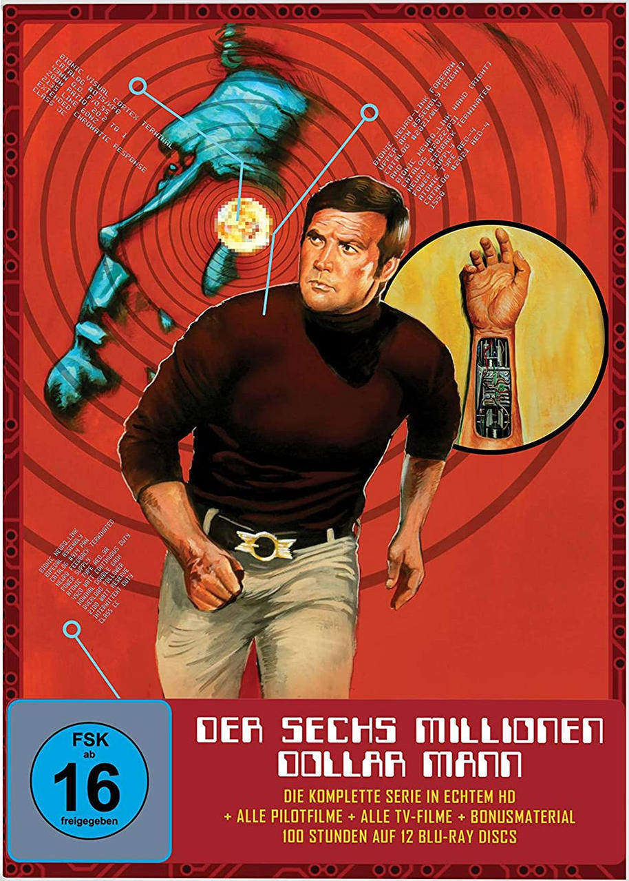DVD-Cover für 'Der Sechs Millionen Dollar Mann'. Ein Mann blickt den Betrachter an, mit Schema.