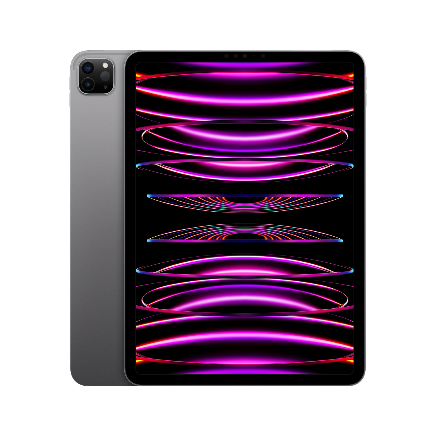 Een grijze tablet met twee camera's aan de achterkant en een paars patroon op het scherm.