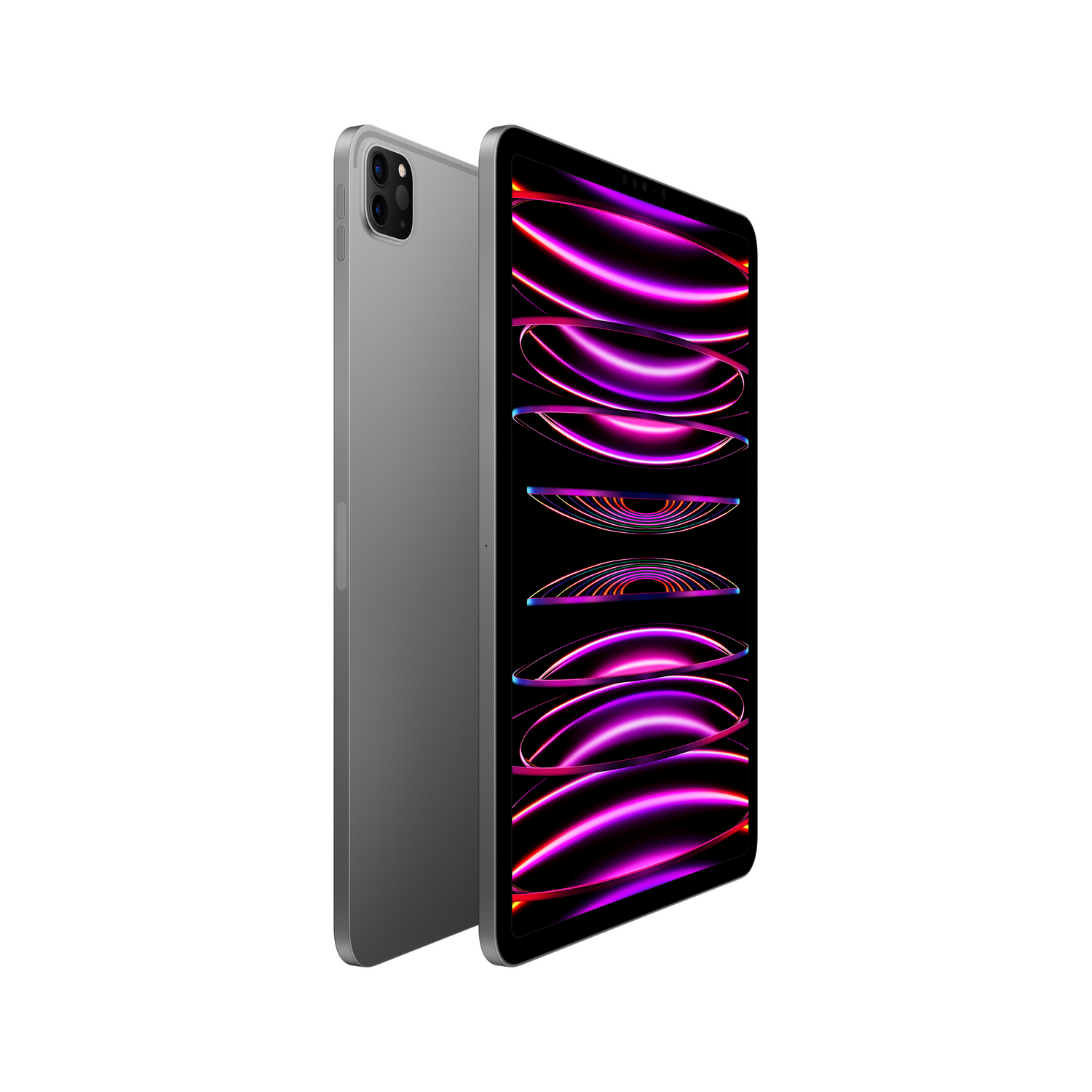 Een zilveren tablet met twee camera's aan de achterkant en een scherm met paarse lichteffecten.