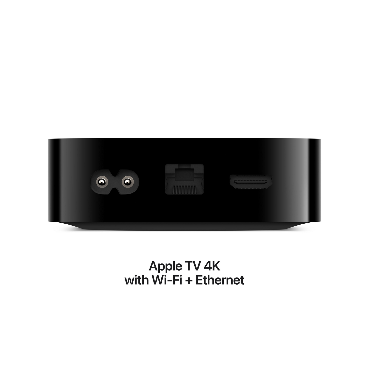 Back of a black Apple TV 4K with Wi-Fi and Ethernet ports.