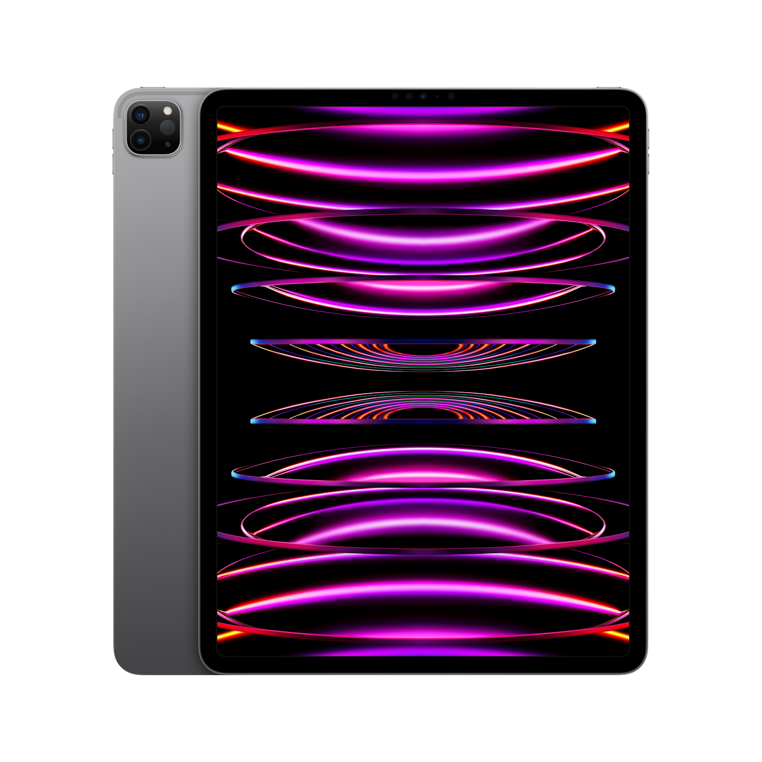 Een grijze iPad Pro met een kleurrijke, abstracte achtergrond op het scherm.