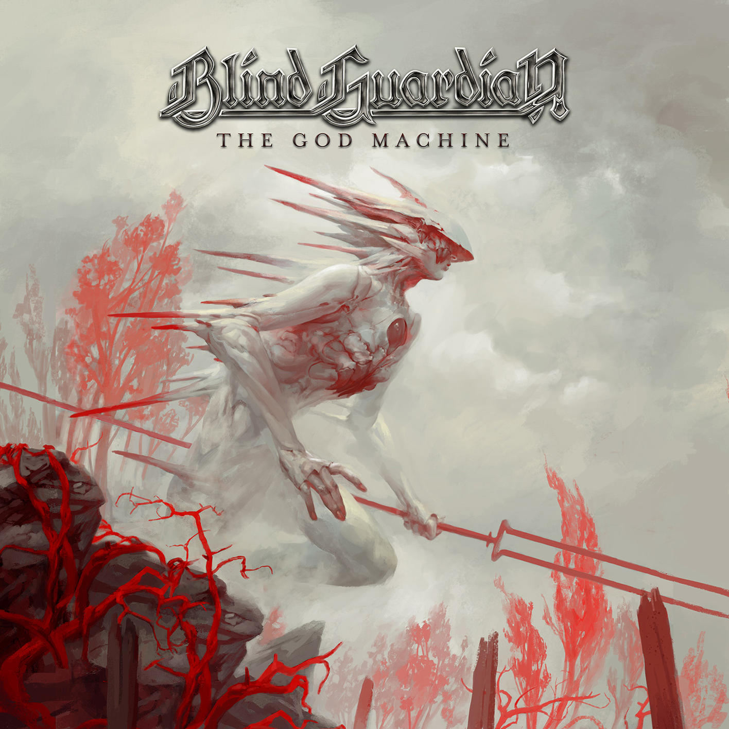 Album borító: Fehér lény piros díszítéssel. A címe: 'Blind Guardian The God Machine'.