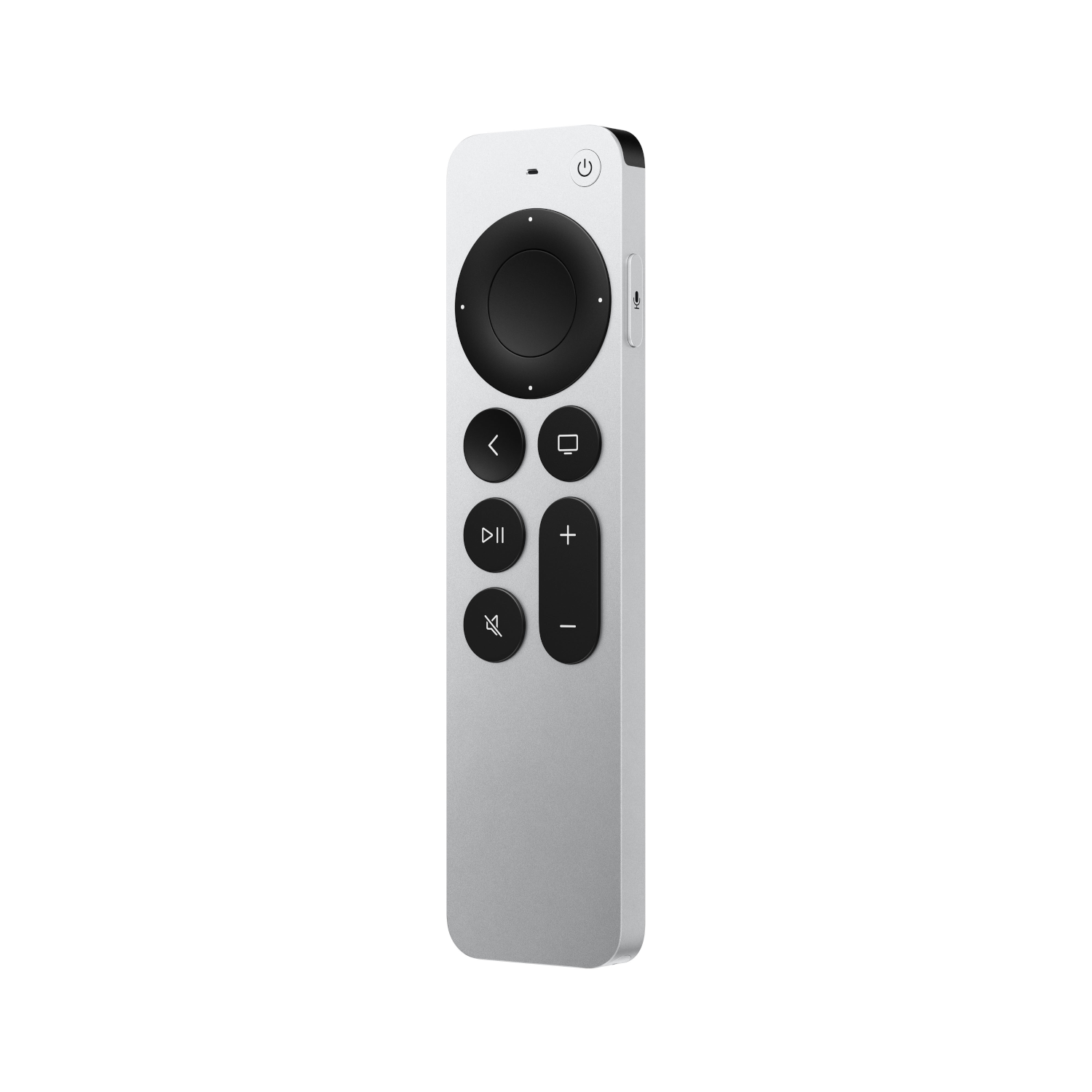 Silver Apple TV remote. It has a circular navigation pad and several buttons.