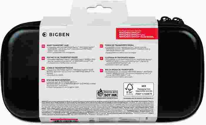 Black Nintendo Switch carrying case with packaging, showing brand info and a white background.