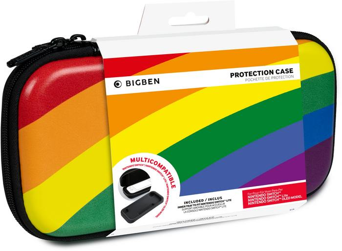 A colorful Nintendo Switch case with a rainbow design. It is on a white background.