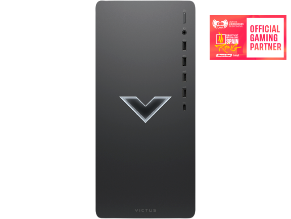 Torre de ordenador negra con el logotipo de Victus y una pegatina roja de 'Official Gaming Partner'.