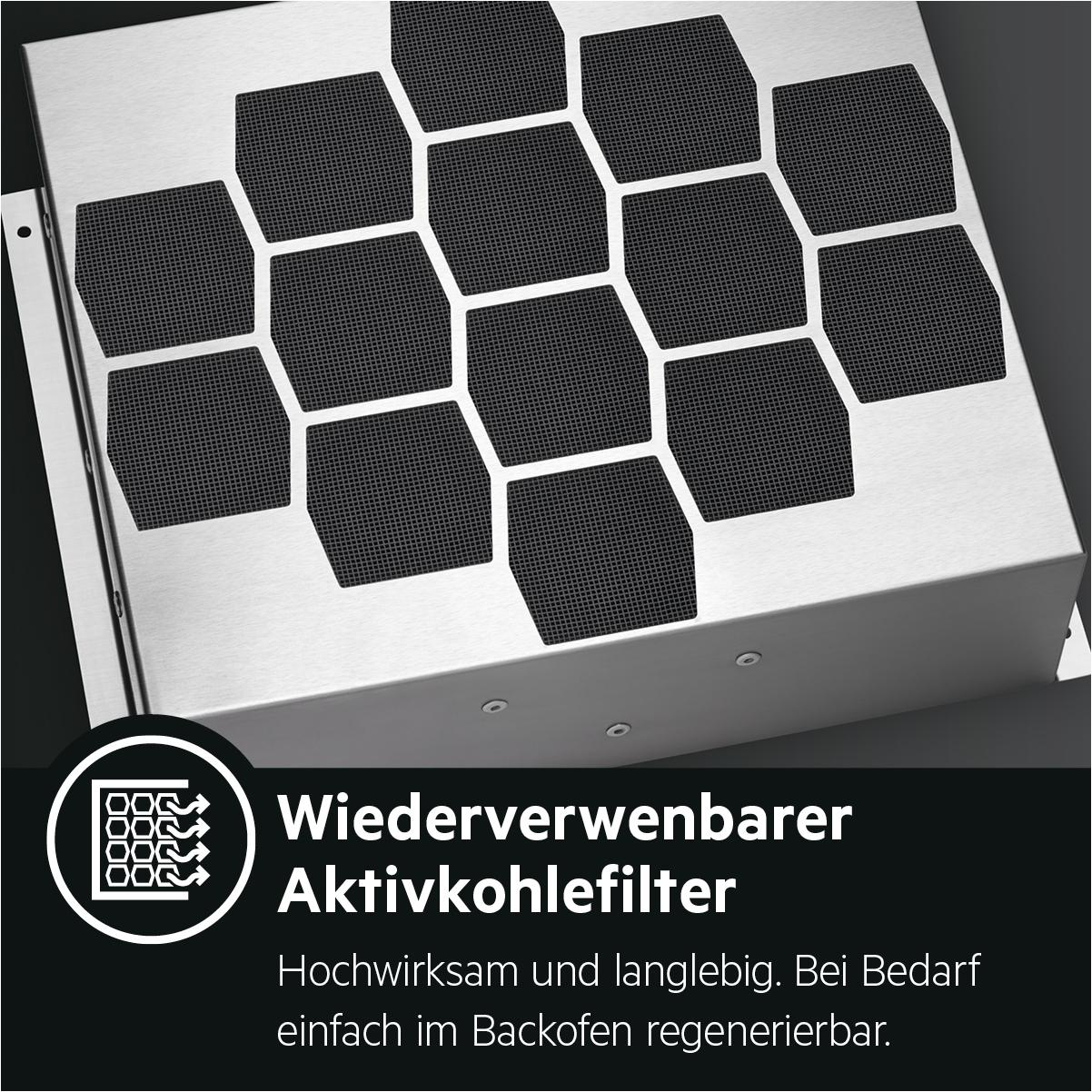 Nahaufnahme eines silbernen Luftauslasses. Text: 'Wiederverwendbarer Aktivkohlefilter'. Schwarzes Wabenmuster.