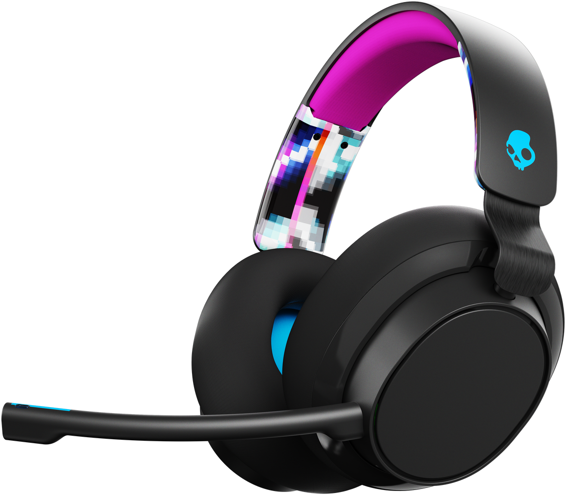 Fekete és kék fejhallgató mikrofonnal. A fejpánt rózsaszín és többszínű. Skullcandy logó az oldalon.
