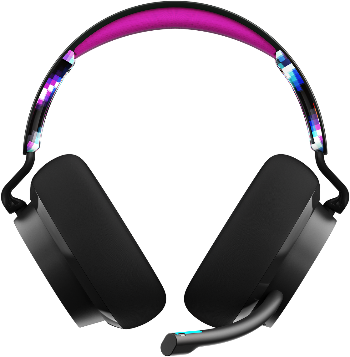 Fekete gamer headset színes fejpánttal és mikrofonnal.