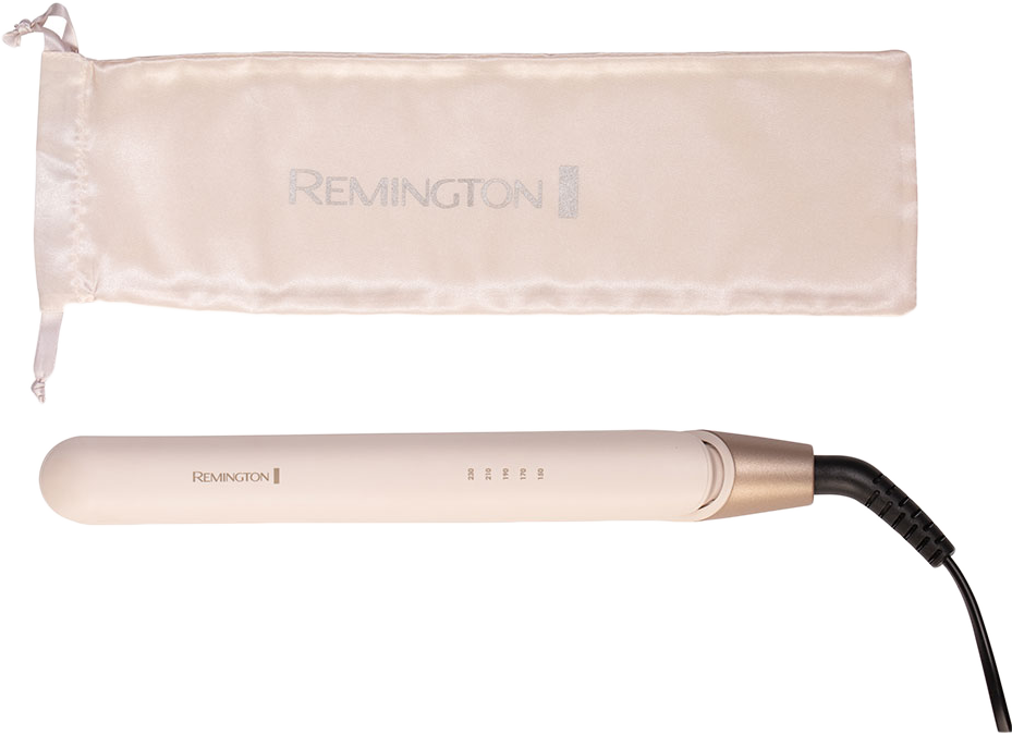 Egy Remington hajvasaló és egy hozzáillő tasak sötét felületen látható.