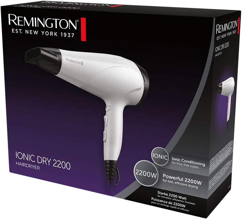 Fehér-fekete Remington Ionic Dry 2200 hajszárító csomagolással és feliratozott funkciókkal.