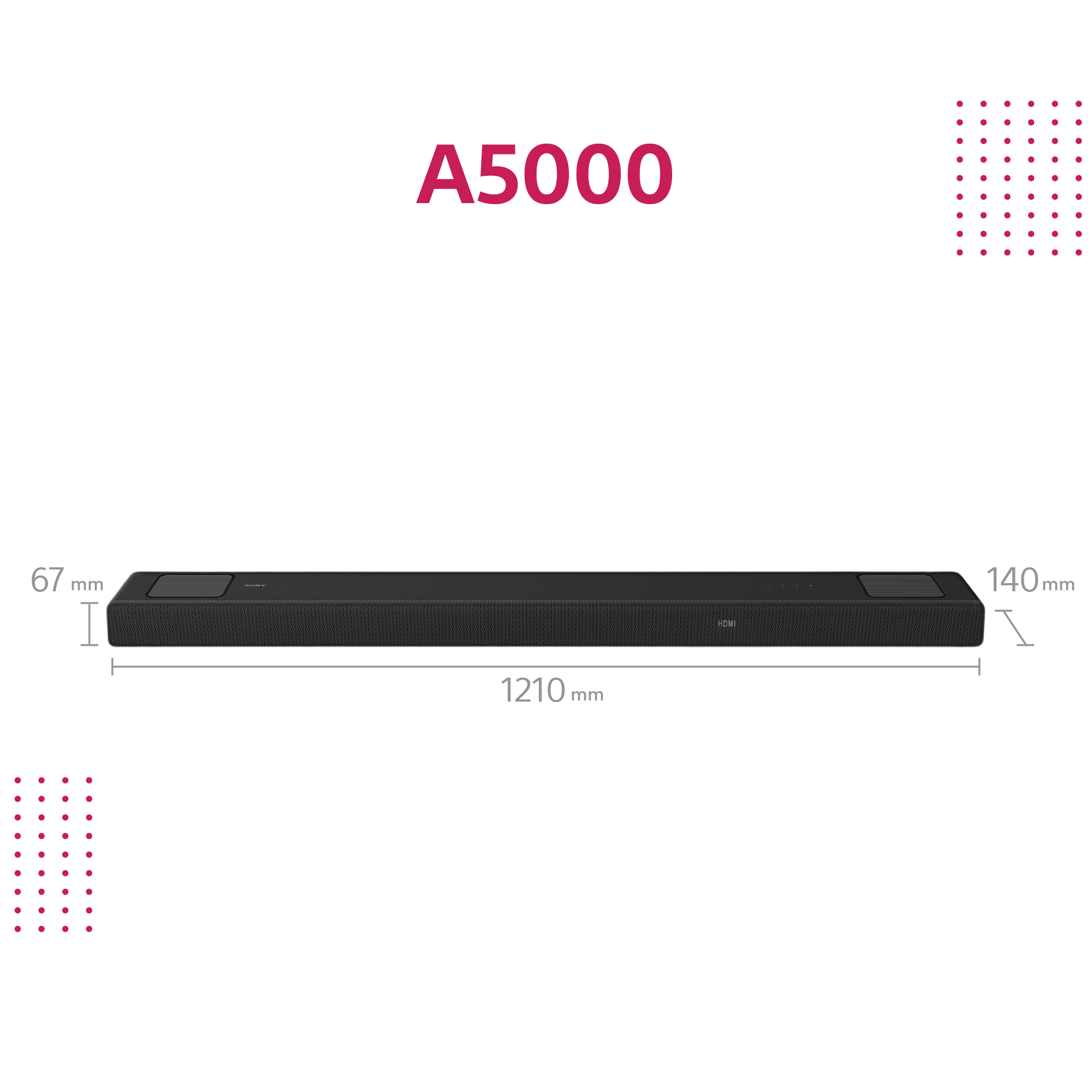Schwarze Soundbar mit Maßen auf weißem Hintergrund. Text: A5000.