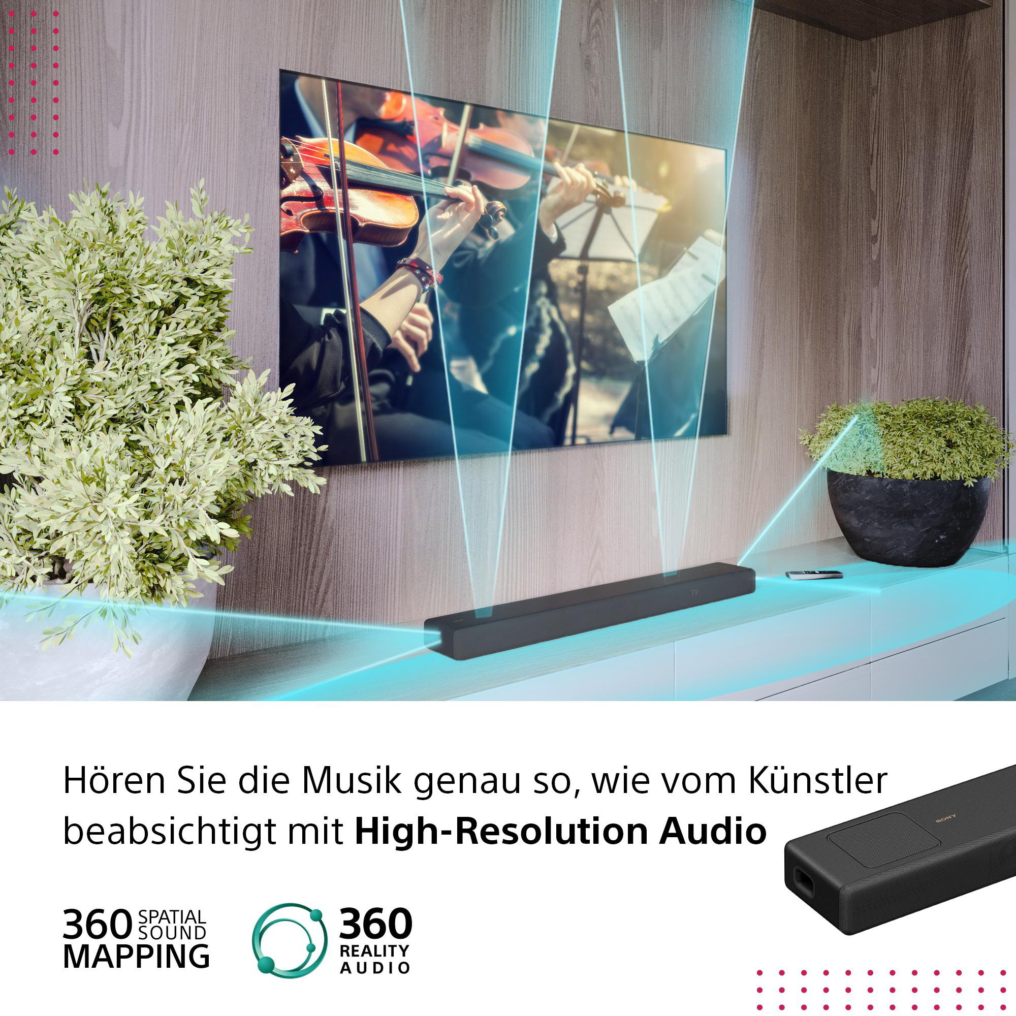 Fernseher mit Geigenvortrag. Soundbar unten. Text über High-Resolution Audio. Weißer Hintergrund.