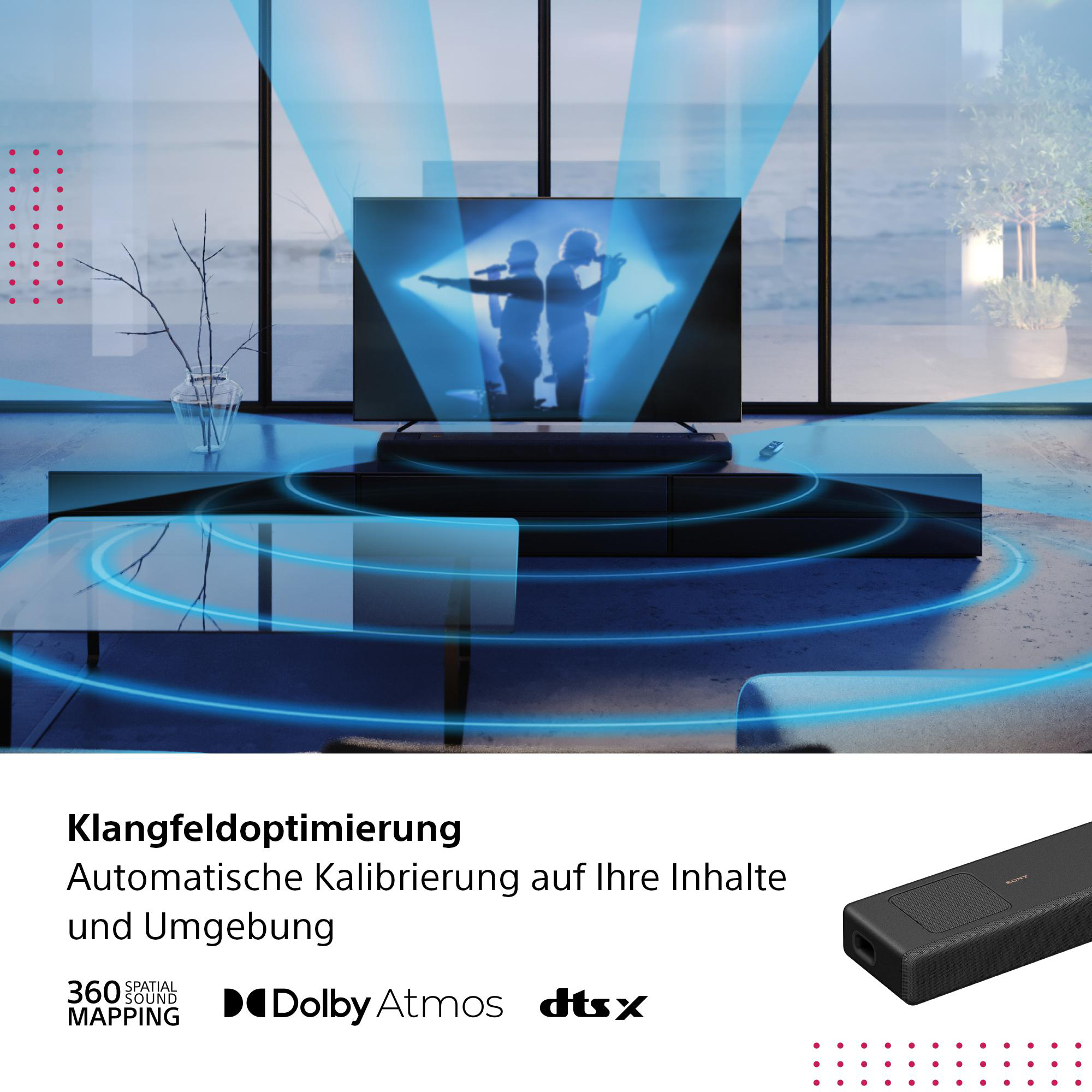 Wohnzimmer mit Fernseher, der ein Konzert zeigt, Soundbar und Text über Sound.