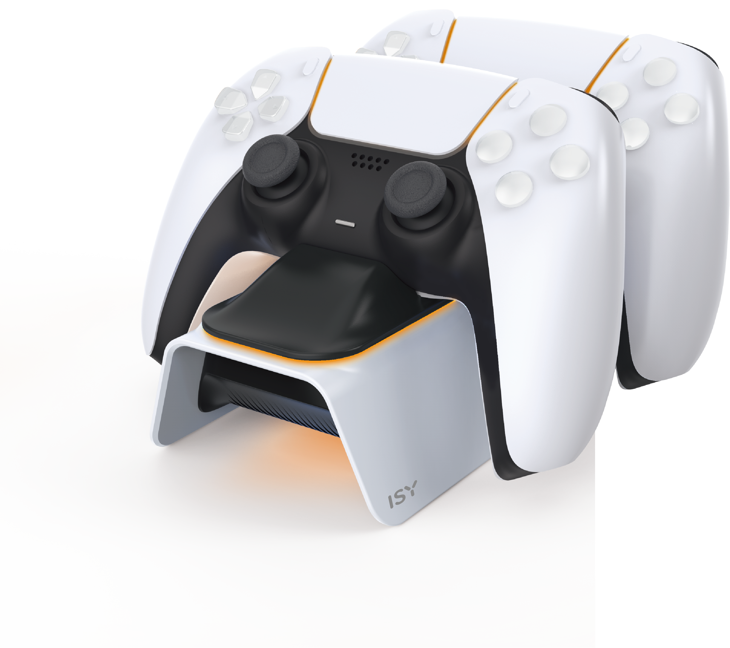 Weißer PS5-Controller, der auf einer Halterung mit orangem Licht geladen wird. Ein zweiter Controller ist sichtbar.