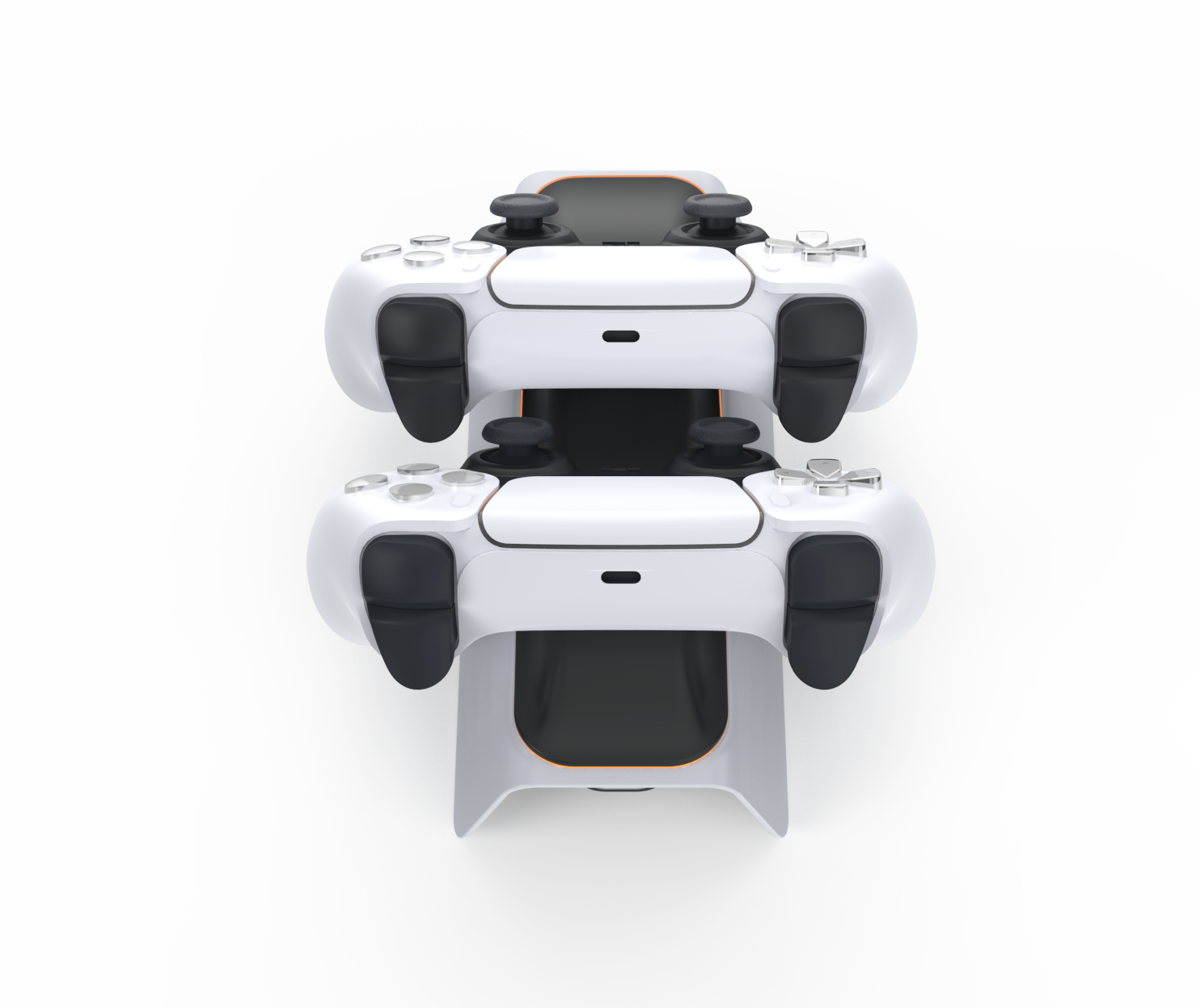 Zwei weiße Gamecontroller gestapelt auf einer weißen Ladestation.