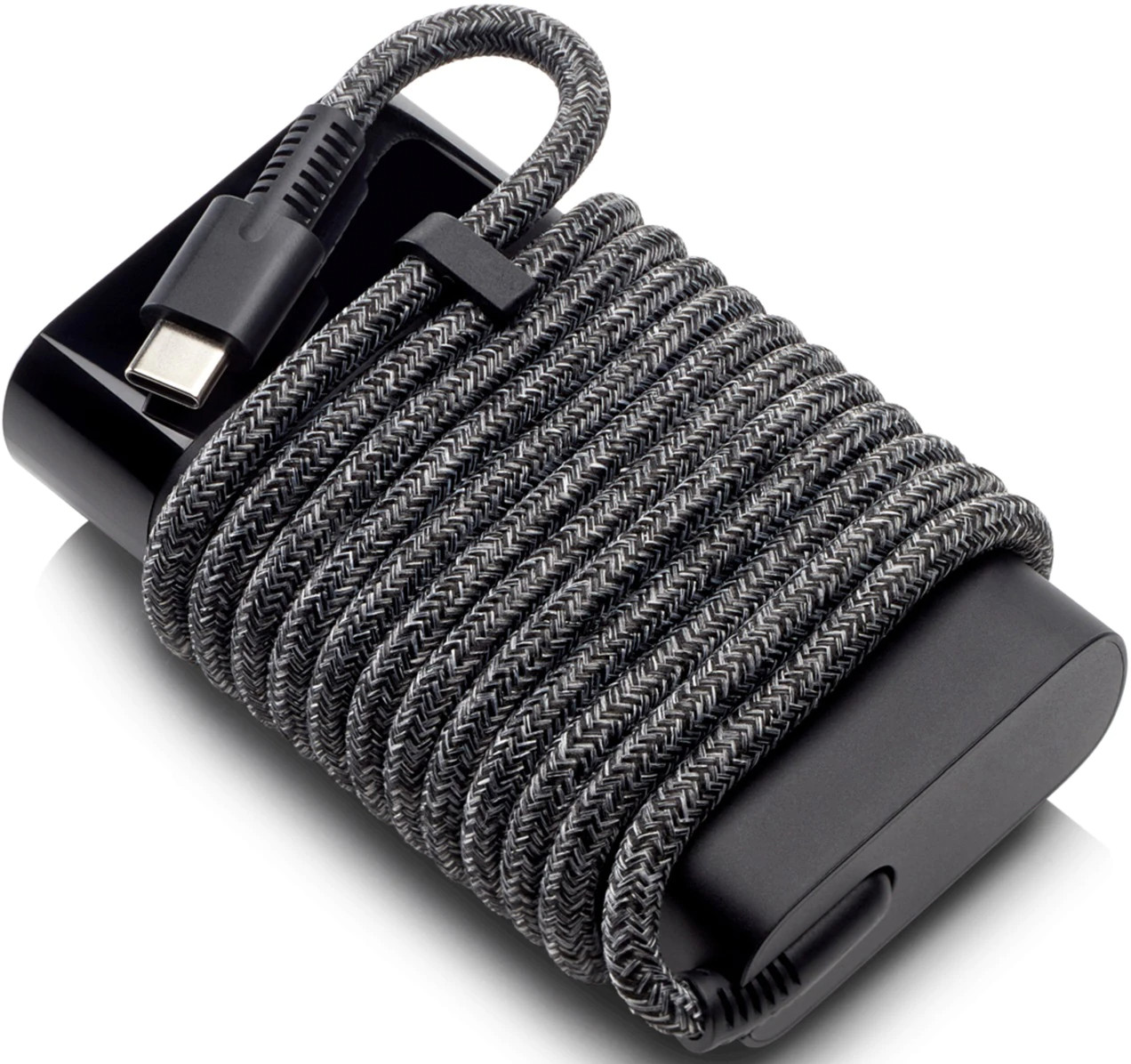 Black power bank with a gray braided cable, on white background.