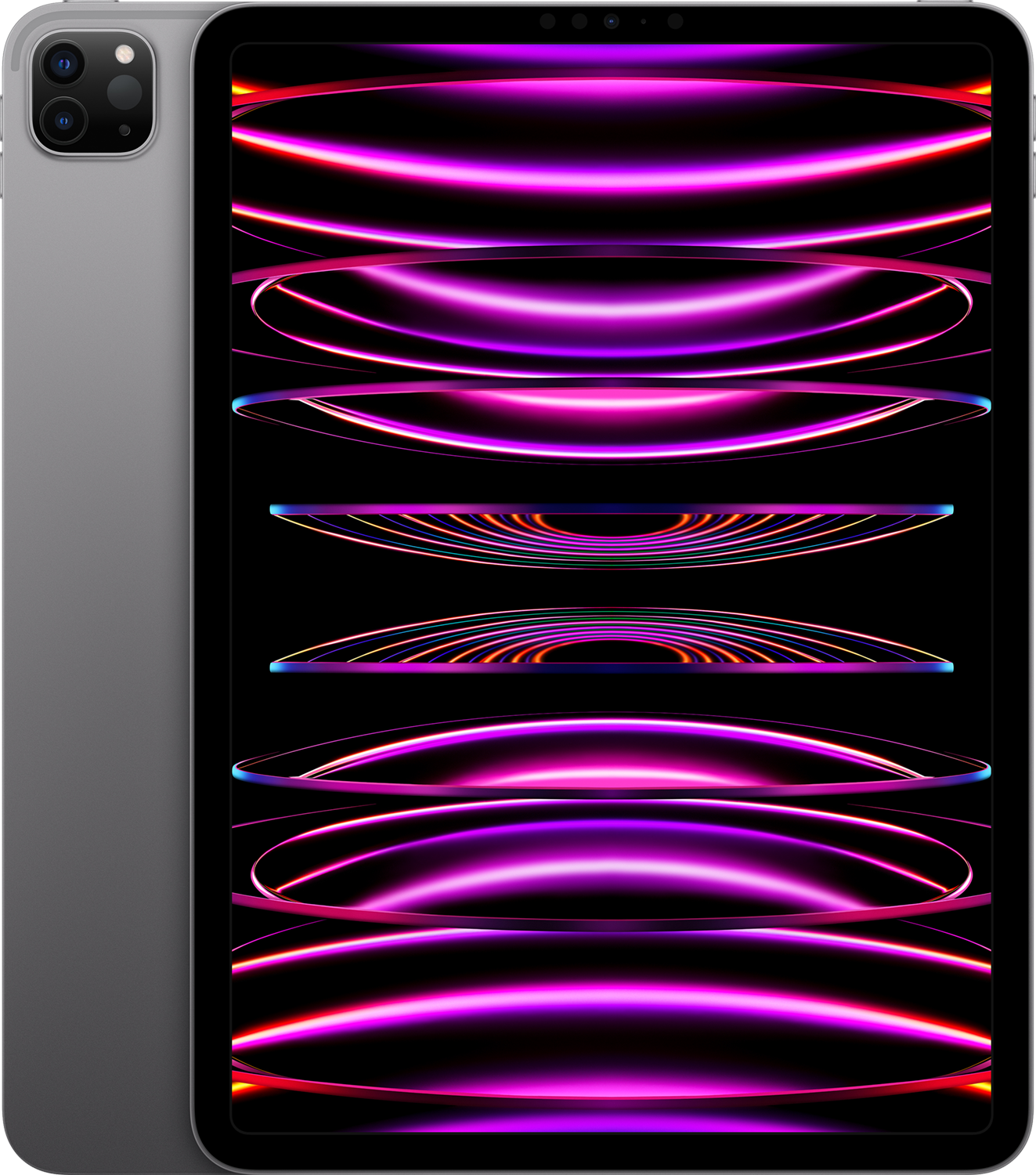 Een grijze tablet met een zwart scherm waarop paarse en roze golvende lijnen worden weergegeven. De tablet heeft een camera aan de achterkant.