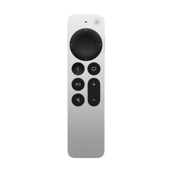 Silberne Apple TV Fernbedienung mit Touchpad und verschiedenen Tasten.