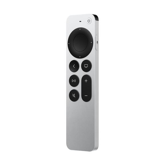 Eine silberne Apple TV-Fernbedienung wird gezeigt. Sie hat ein Touchpad, Tasten und einen Ein-/Ausschalter.