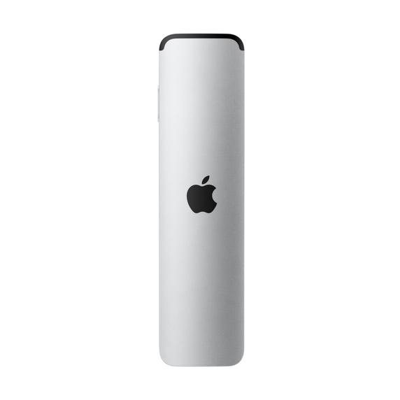 Weiße Apple TV-Fernbedienung. Schwarzes Apple-Logo auf der Rückseite.