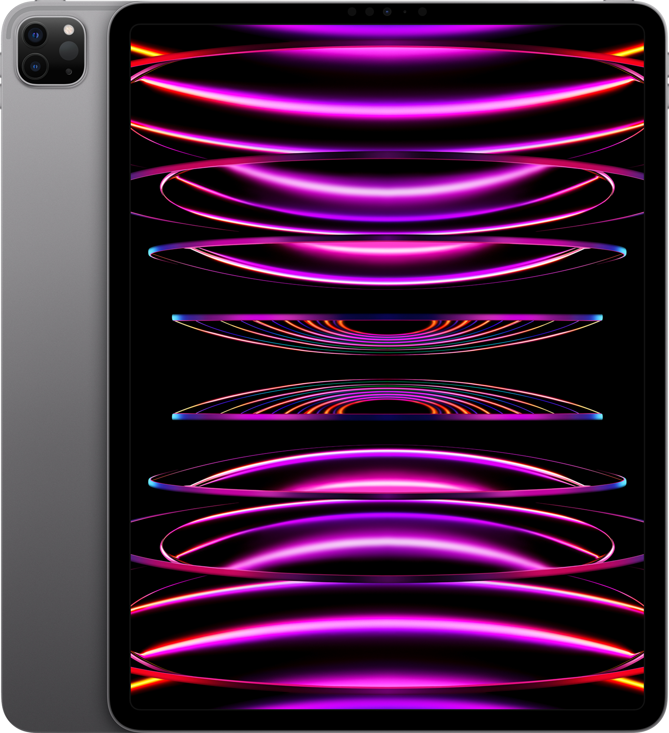 Een iPad Pro met een grijze achterkant en een zwart scherm met kleurrijke neonlijnen. De achterkant heeft een cameramodule.