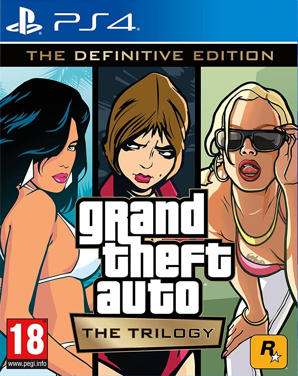 Spielcover mit drei Frauen, "Grand Theft Auto"-Titel und PS4-Logo.