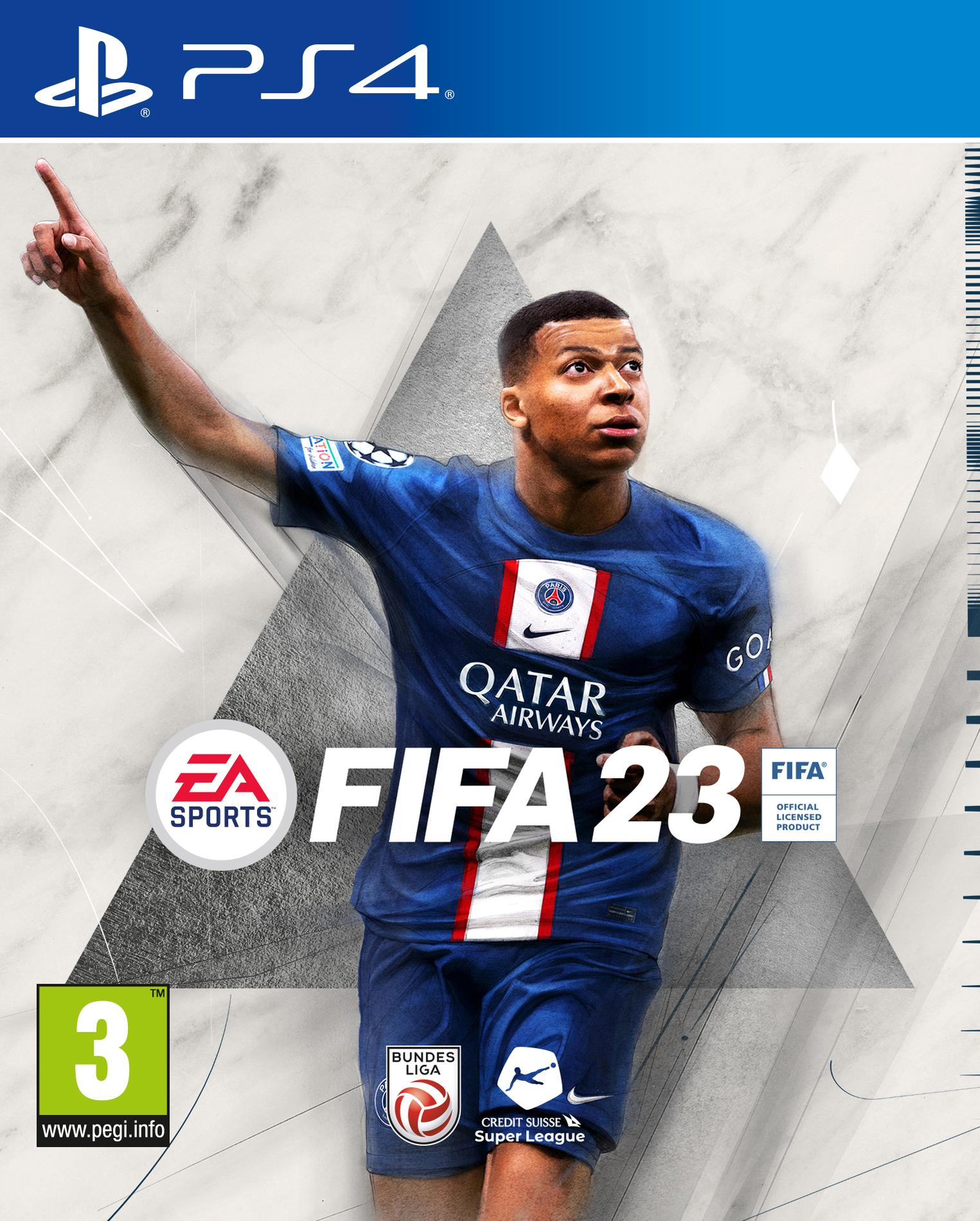 FIFA 23 Spielcover; Mbappe zeigt nach oben, mit Logos und Spieltitel.