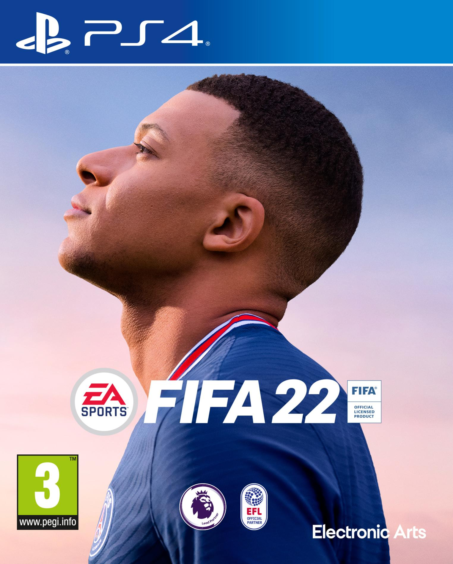 FIFA 22 PS4-Spielcover. Ein Mann in einem blauen Trikot mit einem Fußball und einem Sonnenuntergang.