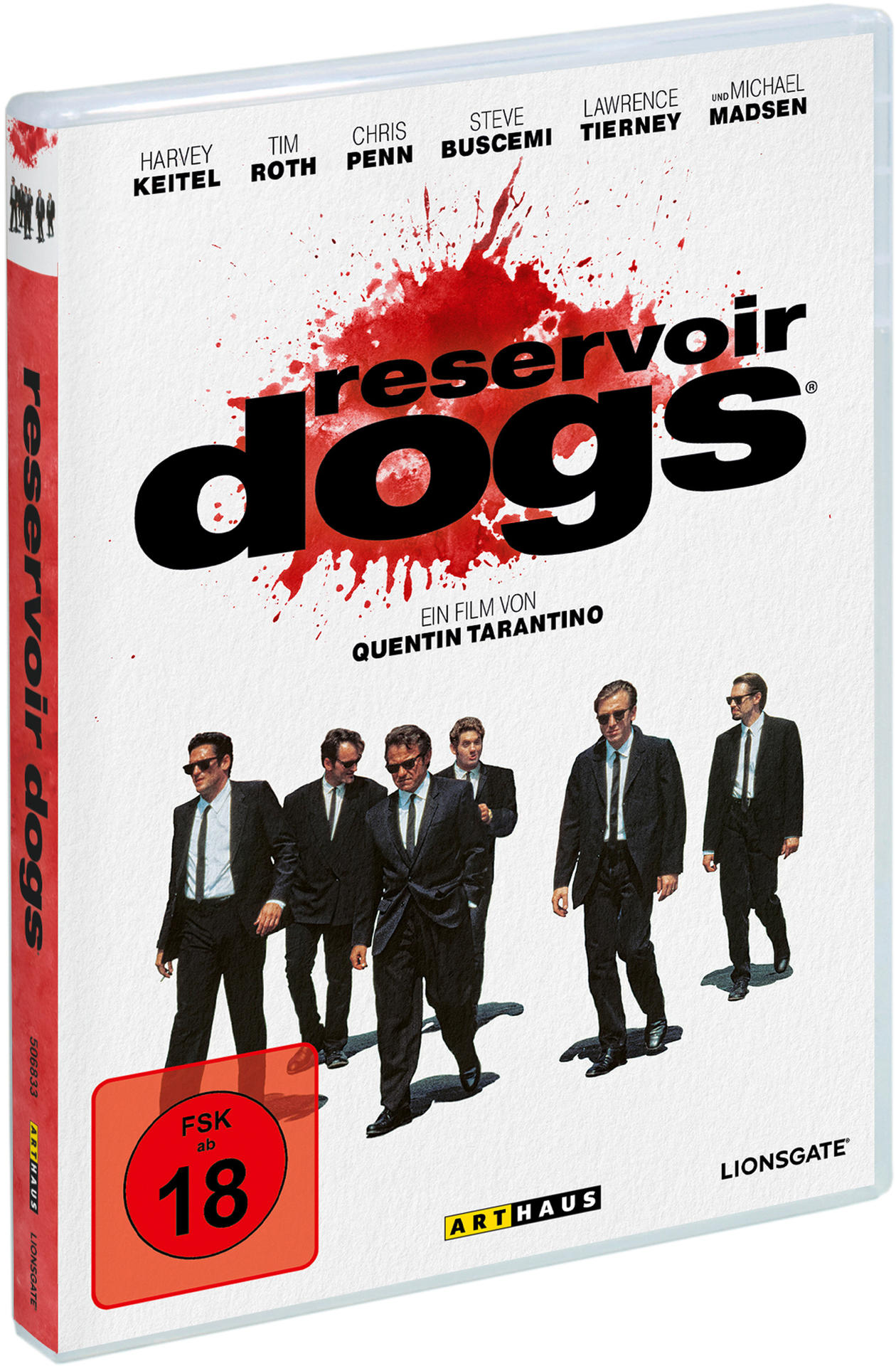 Reservoir Dogs DVD-Cover. Männer in Anzügen gehen. Roter Blutspritzer auf Weiß. Titel: Reservoir Dogs. FSK 18.