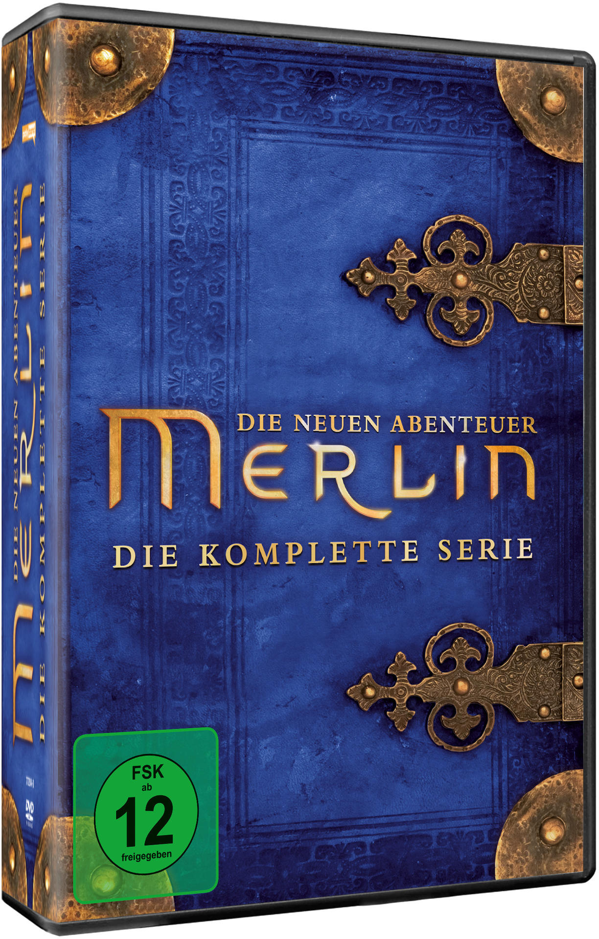 DVD-Hülle von 'Merlin: Die komplette Serie' mit blauem Leder-Look-Cover.