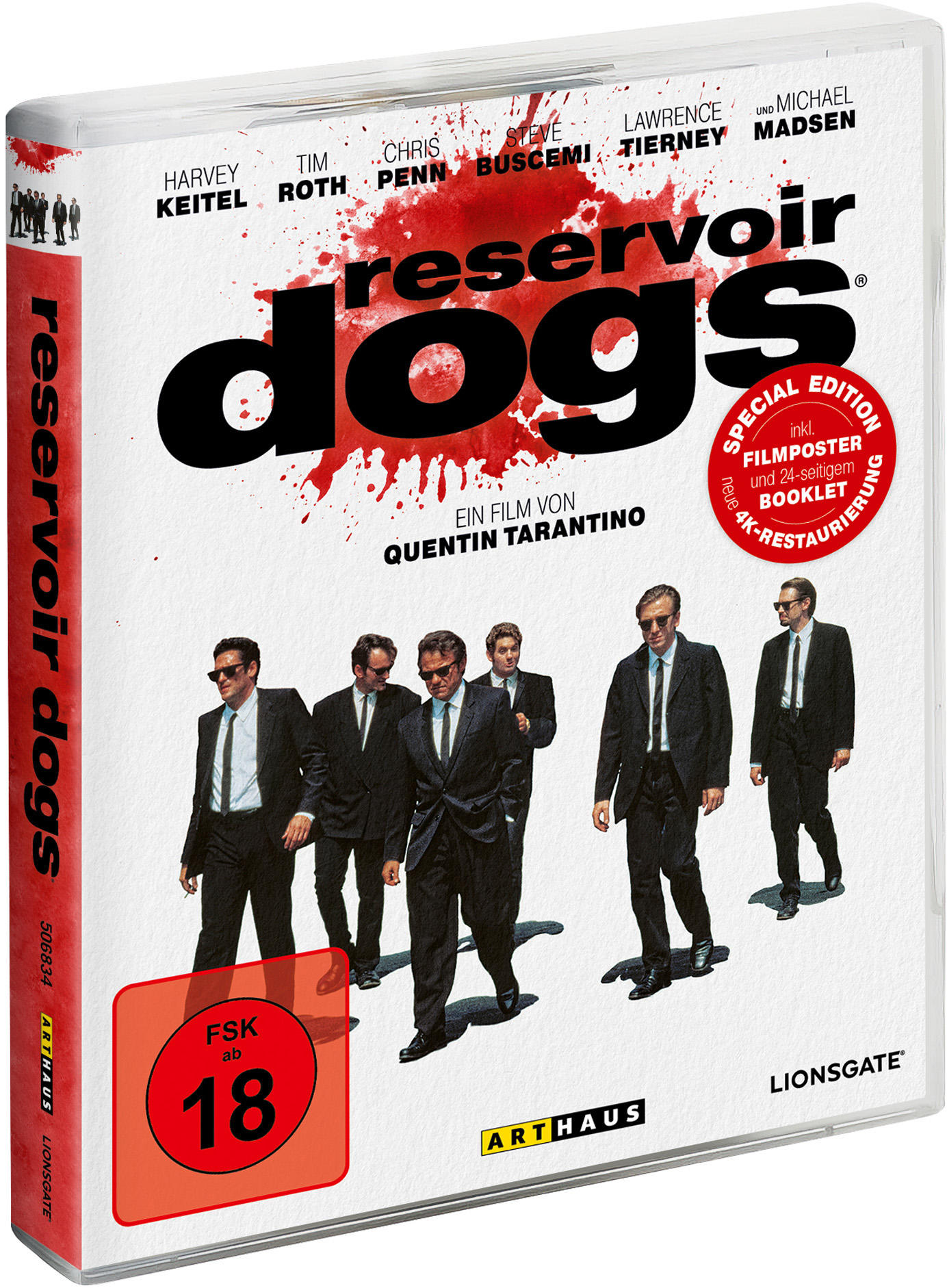 Reservoir Dogs DVD-Cover. Männer in schwarzen Anzügen gehen. Titel in Rot mit Blutspritzern.