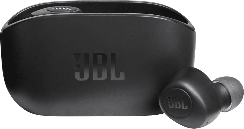 Fekete JBL fülhallgató töltőtokkal. Mindkettőn a JBL logó.